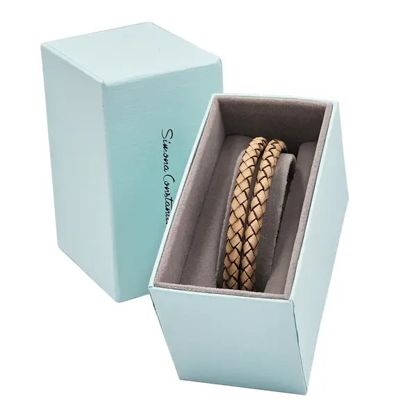 GENT'S LEATHER STRAP BEIGE 2 LINE BRACELET WITH DIAMOND AND BLACK CLASP