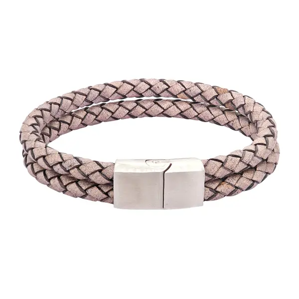 GENT'S LEATHER STRAP GRAY 2 LINE BRACELET WITH DIAMOND AND STEEL CLASP