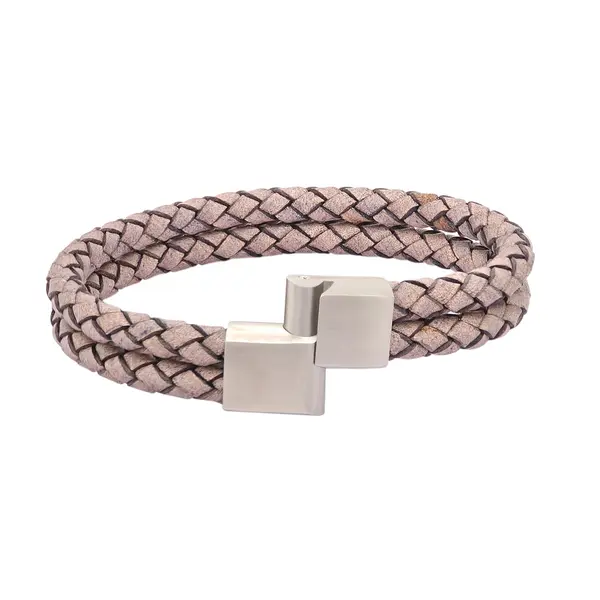 GENT'S LEATHER STRAP GRAY 2 LINE BRACELET WITH DIAMOND AND STEEL CLASP