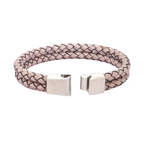 GENT'S LEATHER STRAP GRAY 2 LINE BRACELET WITH DIAMOND AND STEEL CLASP