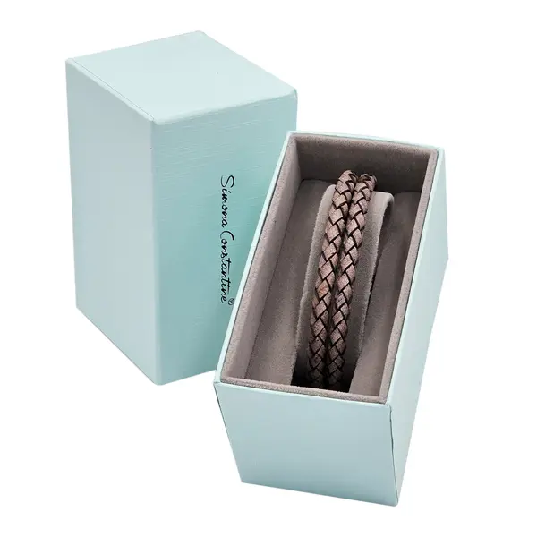 GENT'S LEATHER STRAP GRAY 2 LINE BRACELET WITH DIAMOND AND STEEL CLASP