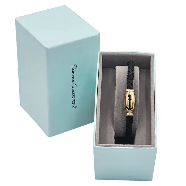 GENTS LEATHER AND GOLD BRACELET ANCHOR CUT