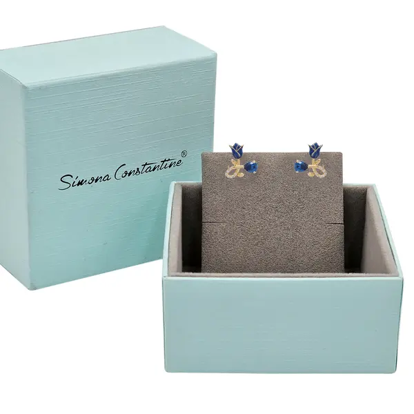 NATURA EARRINGS WITH BLUE ENAMEL FLOWER AND BLUE PEAR CUT CZ