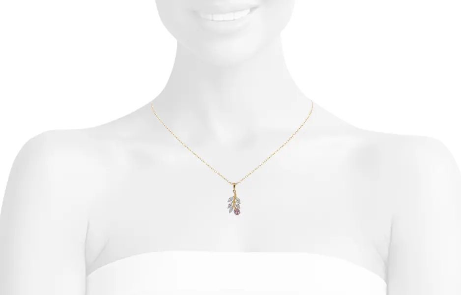 NATURA NECKLACE WITH LEAFY BRANCH WHITE AND PINK STONE PENDANT