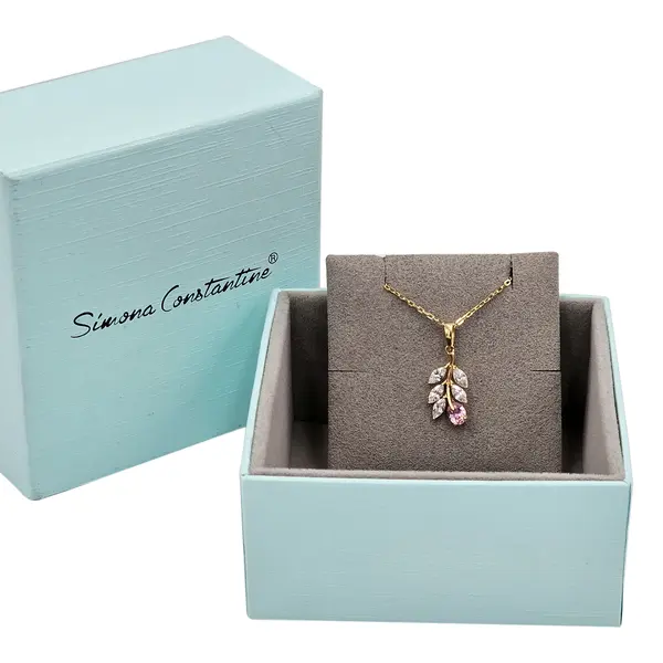 NATURA NECKLACE WITH LEAFY BRANCH WHITE AND PINK STONE PENDANT