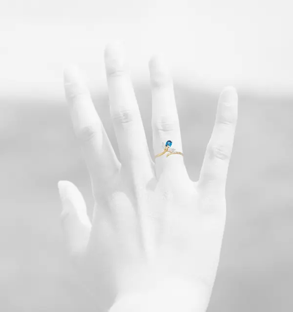 NATURA RING WITH LEAFY BRANCH WHITE AND BLUE STONE