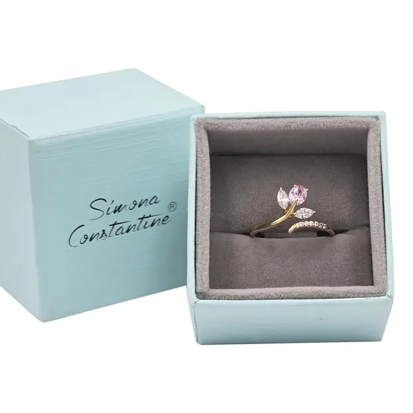 NATURA RING WITH LEAFY BRANCH WHITE AND PINK STONE