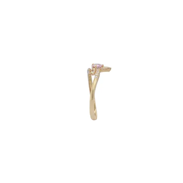 NATURA RING LEAFY BRANCH WITH ONE PINK PEAR-SHAPED AND TINY WHITE STONES