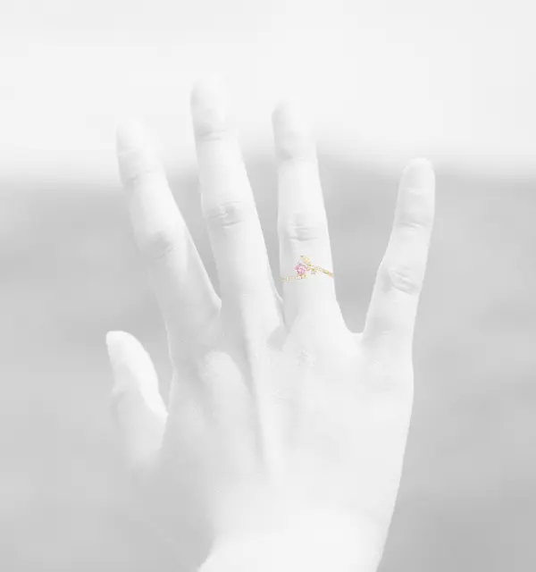 NATURA RING LEAFY BRANCH WITH ONE PINK PEAR-SHAPED AND TINY WHITE STONES