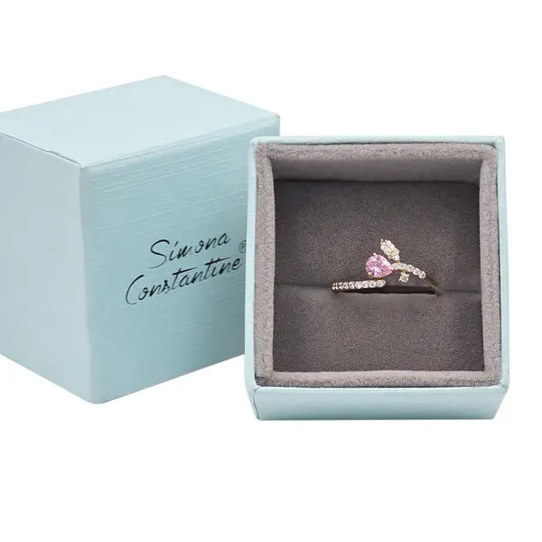 NATURA RING LEAFY BRANCH WITH ONE PINK PEAR-SHAPED AND TINY WHITE STONES
